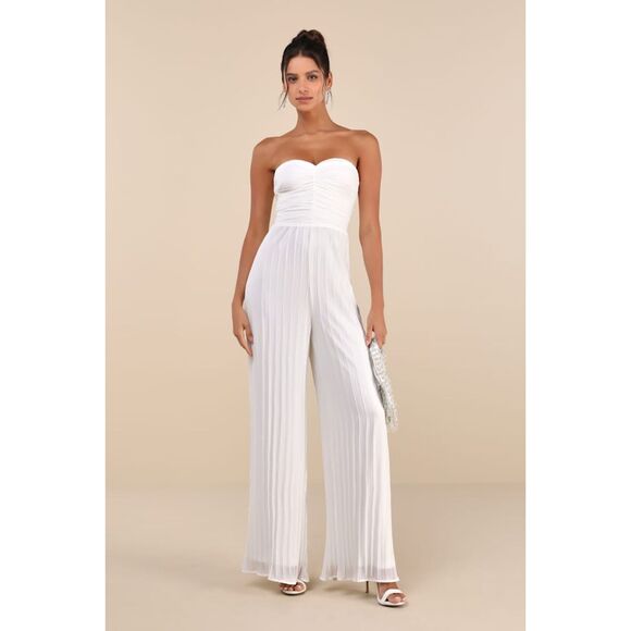 Lulus Certainly Charming White Pleated Strapless Wide-Leg Jumpsuit - Picture 1 of 11